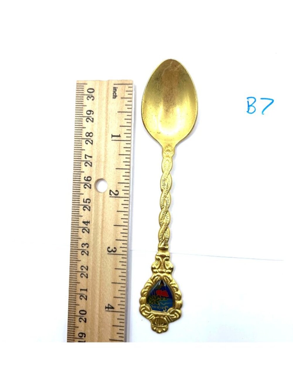 Vintage Saipan Souvenir Collectible Gold-Tone Ornate Teaspoon Enamel Floral B7 - Picture 3 of 3